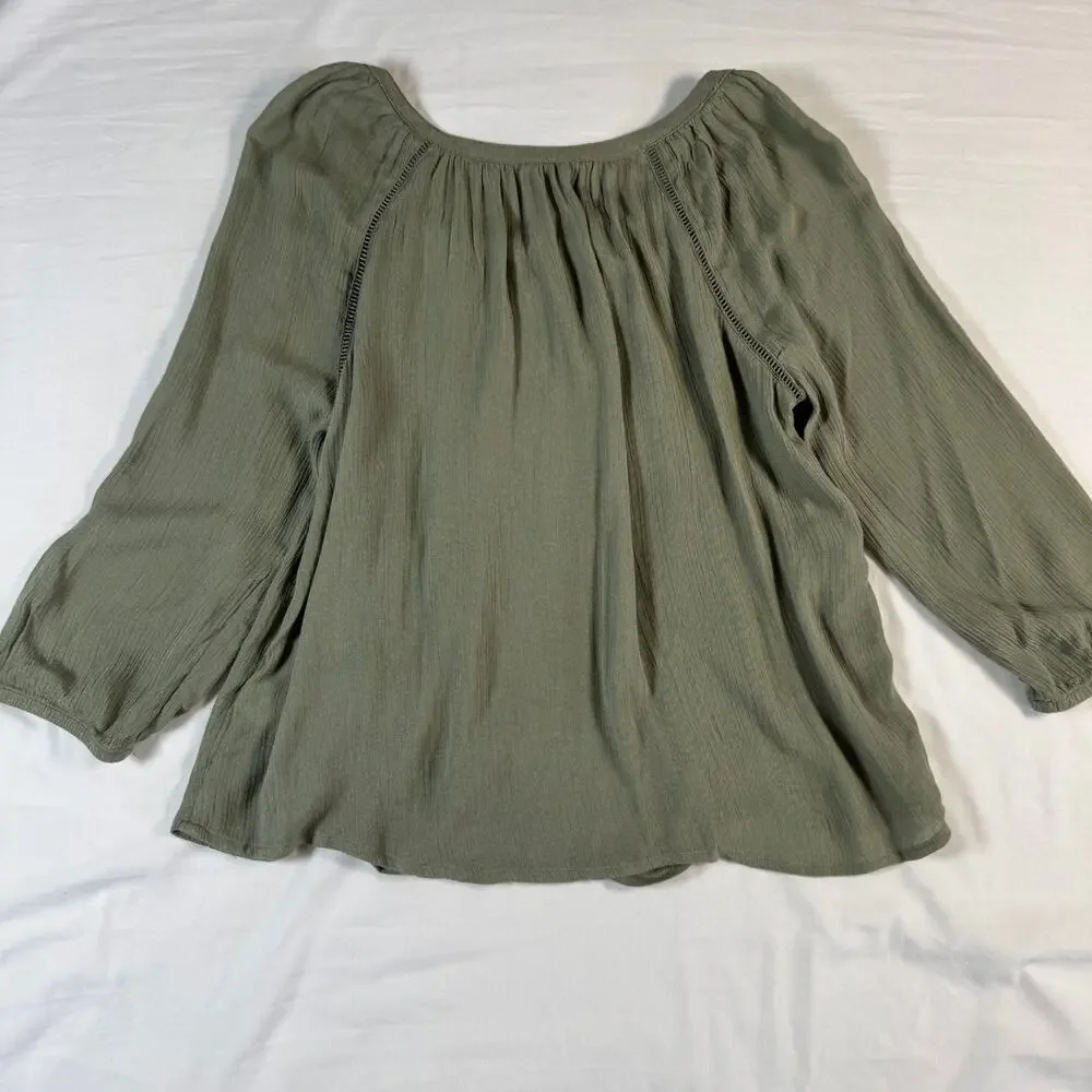 Mudd Small Olive Flowy Rayon Blouse Crochet Detail 3/4 Peasant Sleeve Boho Top - Picture 2 of 6